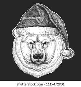 Big polar bear Christmas, new year celebration. Santa Claus winter hat. Xmas headdress.