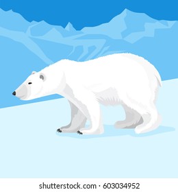 Big polar bear at north pole cartoon graphic style. Vector illustration on snow-capped mountains or glaciers background. Ursus maritimus representative predatory mammals.