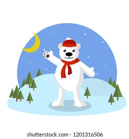 Big polar bear in a red hat and scarf waving in the snow. The white beast celebrates Christmas and new year in the forest with trees. Night view
