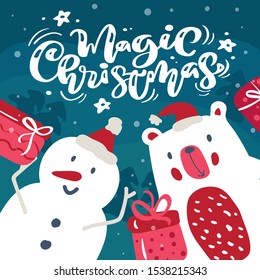 Big polar bear and Snowman with gift boxes and vector calligraphic text Magic Christmas. Horizontal banner, Greeting Card, Seasons greetings. Scandinavian illustration