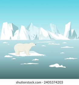 Big polar bear standing on ice float vector illustration. Polar ice caps melting. Global warming, climate change concept