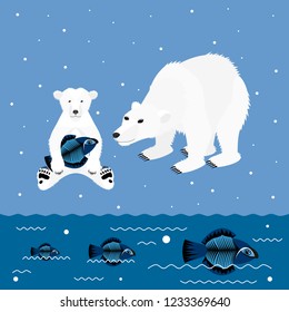 Big polar bear teaches teddy bear to fishing.