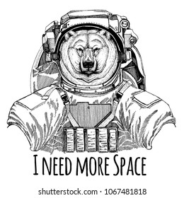 Big polar bear, White bear Astronaut. Space suit. Hand drawn image of lion for tattoo, t-shirt, emblem, badge, logo patch kindergarten poster children clothing
