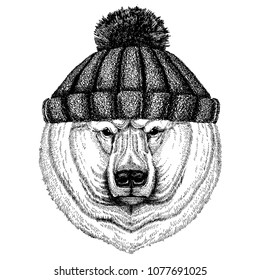 Big polar bear, White bear Cool animal wearing knitted winter hat. Warm headdress beanie Christmas cap for tattoo, t-shirt, emblem, badge, logo, patch