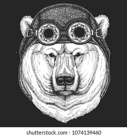 Big polar bear, White bear Hand drawn illustration for tattoo, t-shirt, emblem, badge, logo, patch Cool animal wearing aviator, motorcycle, biker helmet.