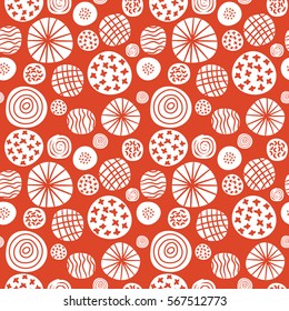 Big polka dot red and white sketch pattern. Vector illustration.