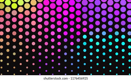 Big polka dots on dark background. Bright neon colors. Vivid gradient. Abstract geometric pattern. Circles, rounds with halftone effect, Wallpapers for print, advertising, social media. 