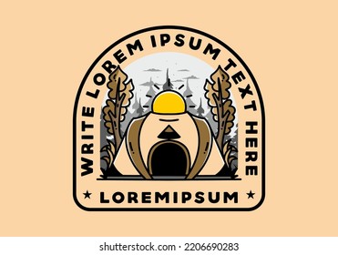 Big pop up tent for camping with two tree and big sun illustration badge design