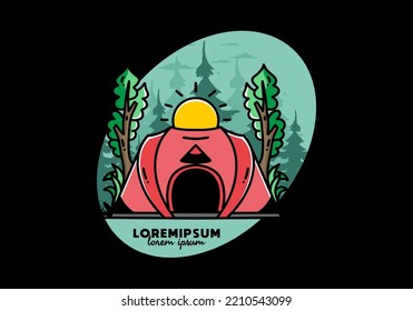 Big pop up tent for camping with two tree and big sun illustration badge design