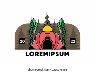 Gran tienda pop para acampar con dos diseños de placa de ilustración de árbol y sol grande