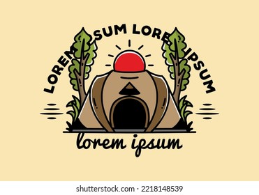 Big pop up tent for camping with two tree and big sun illustration badge design