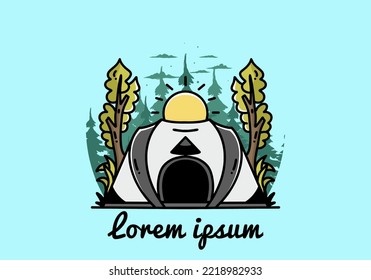 Big pop up tent for camping with two tree and big sun illustration badge design