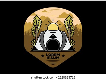 Big pop up tent for camping with two tree and big sun illustration badge design