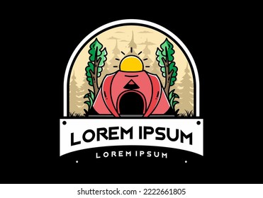 Big pop up tent for camping with two tree and big sun illustration badge design