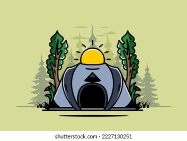 Big pop up tent for camping with two tree and big sun illustration badge design