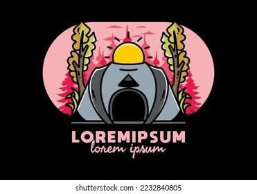 Big pop up tent for camping with two tree and big sun illustration badge design