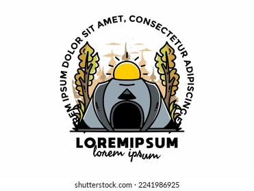 Big pop up tent for camping with two tree and big sun illustration badge design