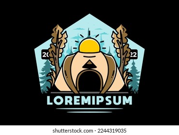 Big pop up tent for camping with two tree and big sun illustration badge design