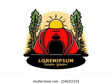 Big pop up tent for camping with two tree and big sun illustration badge design