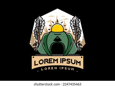 Big pop up tent for camping with two tree and big sun illustration badge design