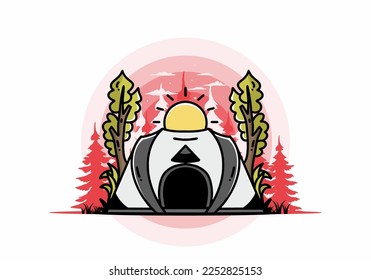 Gran tienda pop para acampar con dos diseños de placa de ilustración de árbol y sol grande