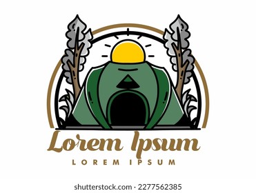 Big pop up tent for camping with two tree and big sun illustration badge design