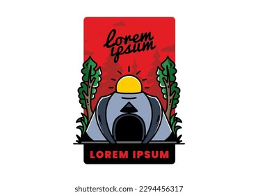 Big pop up tent for camping with two tree and big sun illustration badge design