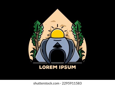 Big pop up tent for camping with two tree and big sun illustration badge design