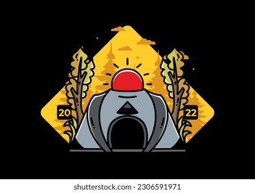 Gran tienda pop para acampar con dos diseños de placa de ilustración de árbol y sol grande