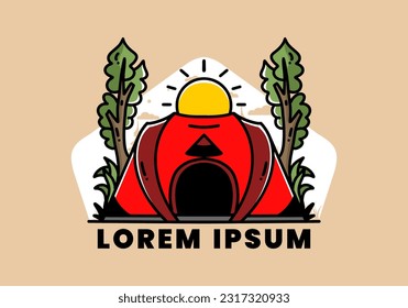 Gran tienda pop para acampar con dos diseños de placa de ilustración de árbol y sol grande