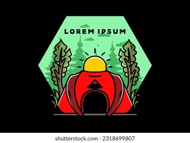 Big pop up tent for camping with two tree and big sun illustration badge design