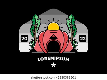 Gran tienda pop para acampar con dos diseños de placa de ilustración de árbol y sol grande