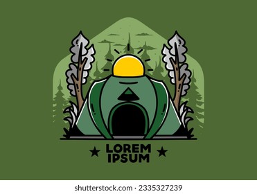 Gran tienda pop para acampar con dos diseños de placa de ilustración de árbol y sol grande
