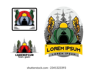 Big pop up tent for camping with two tree and big sun illustration badge design