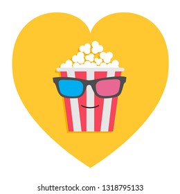 Big popcorn box face in 3D glasses. Heart shape. I love movie cinema icon Flat design style. Yellow background. Isolated. Vector illustration