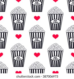 Big popcorn and red heart. Seamless background. Vector. EPS 10