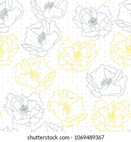 Big poppies flowers . Floral vector seamless pattern with hand drawn  flowers and abstract geometric background.