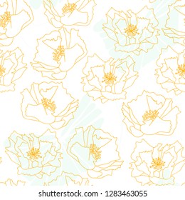 Big poppies flowers and tropical leaves. Floral vector seamless pattern with hand drawn botanical elements.