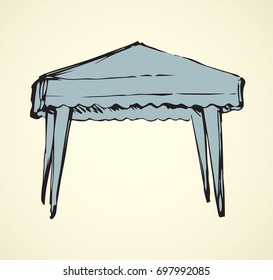 Big portable shade pop booth tarpaulin velarium on white backdrop. Freehand outline black ink hand drawn logo sketchy in art retro scribble contour style pen on paper. Closeup view and space for text