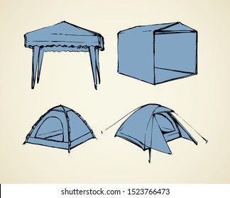 Big portable square fold booth on white background. Freehand outline black ink hand drawn trade gazebo logo sign icon brand banner frame in art retro doodle cartoon style pen on paper space for text