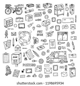 Big Post office doodle set. Hand drawn vector collection. Post and delivery icons.