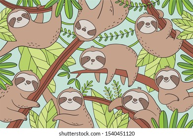 Big poster with cute sloth. Cartoon sloth characters in tropical leaves