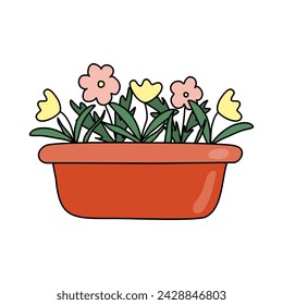 Maceta grande con flores florecientes, decoración de primavera, elemento de diseño de jardín, vector