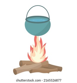 big pot with dinner above campfire