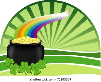 A big pot of gold with rainbow, shamrocks and a green background