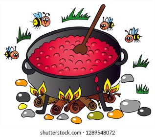 Big pot of jam is cooking on the fire. Colored vector for card or gift. 