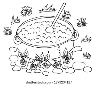 Big pot of jam is cooking on the fire. Colored vector for card or gift. 