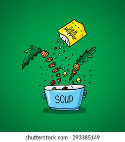 big pot of soup with spices and vegetables on a green background