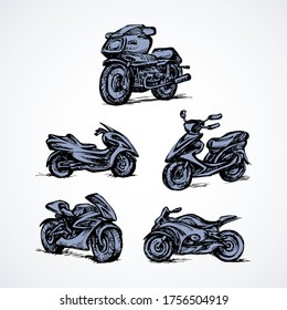 Big power cruiser sportbike stand on light backdrop. Freehand linear dark ink hand drawn picture logo sketchy in art scribble retro style pen on paper. Closeup side view with space for text on sky