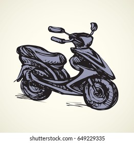 Big power cruiser sportbike stand on light backdrop. Freehand linear dark ink hand drawn picture logo sketchy in art scribble retro style pen on paper. Closeup side view with space for text on sky